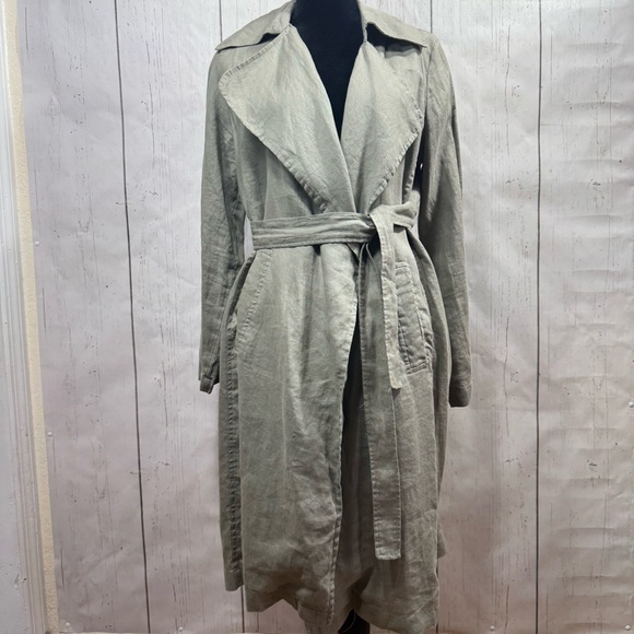 Cynthia Rowley 100% Linen Trench Coat Green Belted Size S Minimalist Lightweight - Picture 2 of 14
